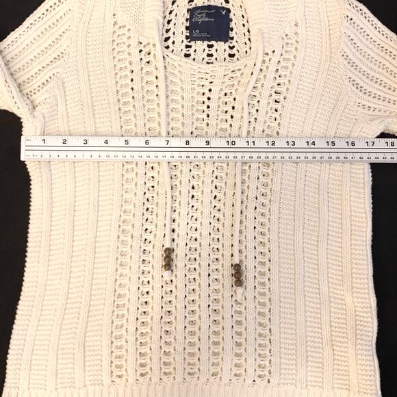 American Eagle Womens Sweater Large Cream Hooded Open Cable Knit Crochet Hoodie - Picture 8 of 11